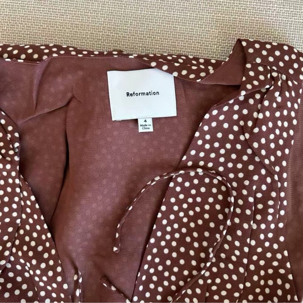 Reformation Ceara Midi Dress Sz4 Choco Dot Polka V Neck French Casual Summer - Picture 7 of 11